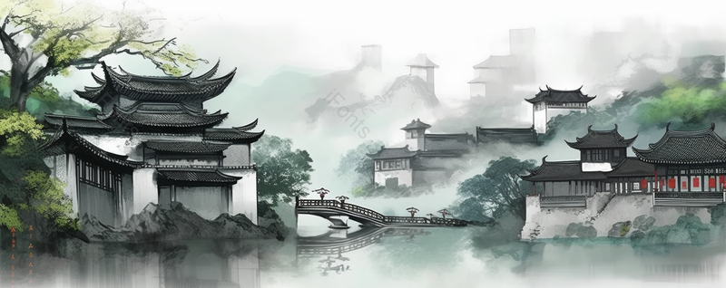 中国复古彩色水墨风景国画江南楼阁风景,插画/手绘图,插画/手绘图库,插画/手绘图下载,插画/手绘